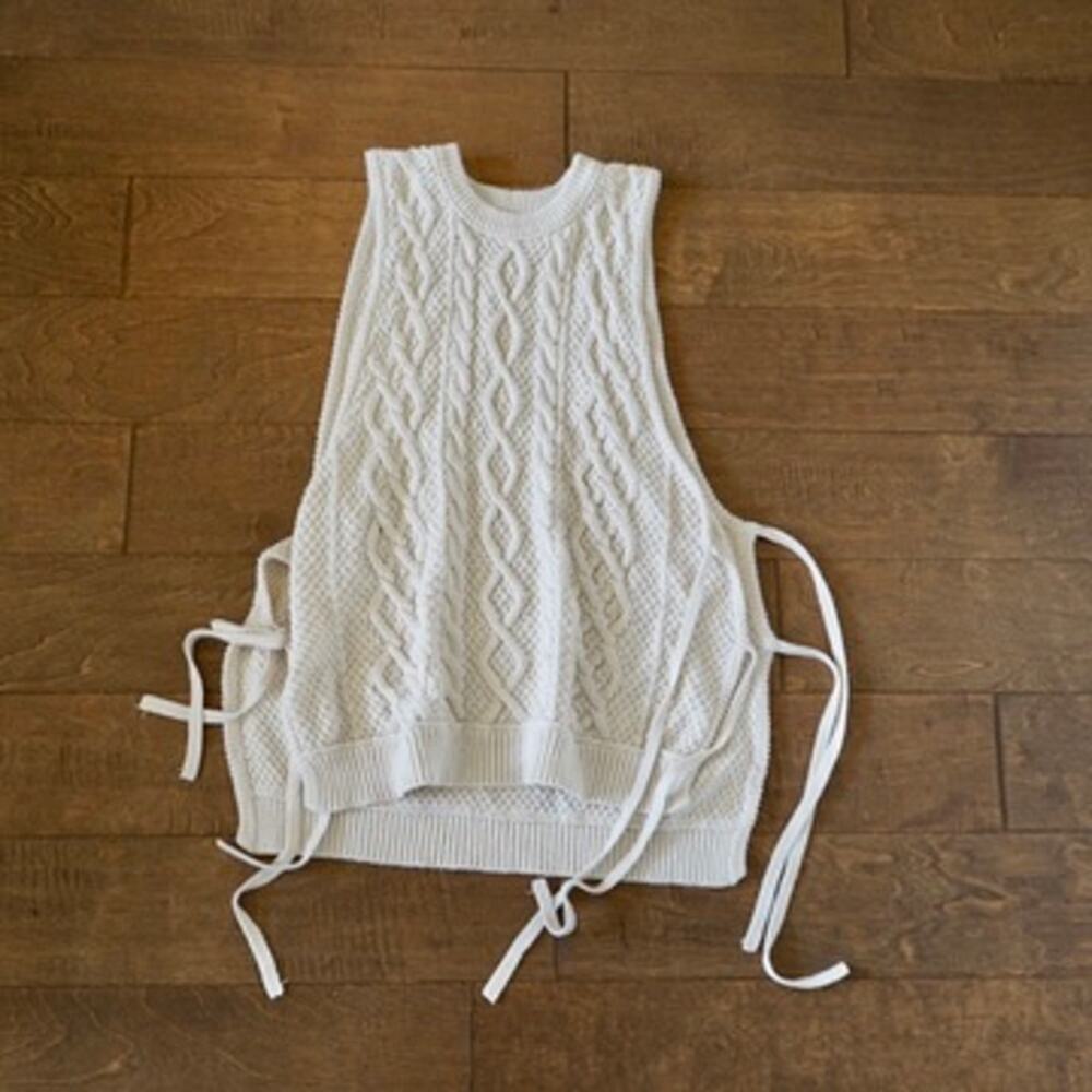 New Romantics Cream Cable Knit Sweater Vest Side Tie Open Knit Ivory Boho Small
